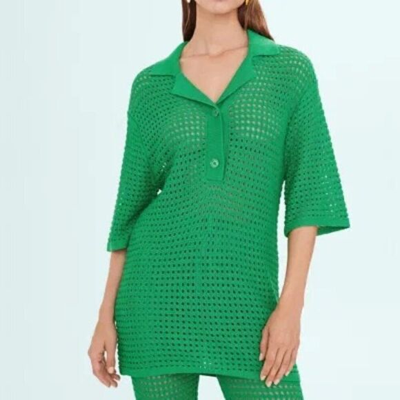 Mango x Simon Miller - Oversize Openwork Knit Polo Shirt- Green- Size M- NWT - Picture 1 of 4